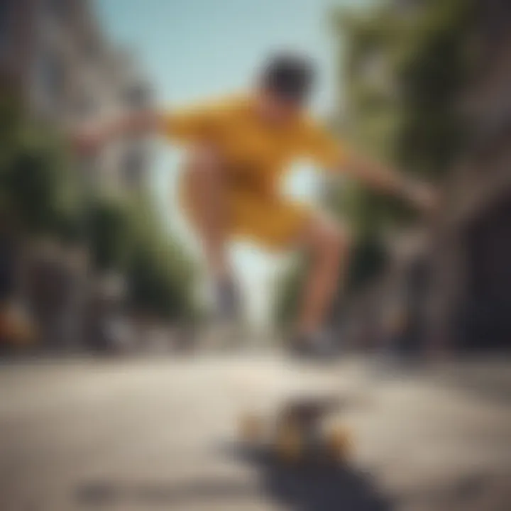 Skateboarder wearing yellow Vans shorts performing a trick