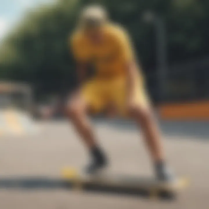 Vibrant yellow Vans shorts showcased in a skate park setting