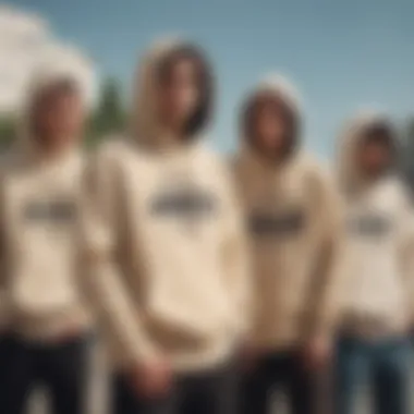 A group of friends in beige graphic hoodies enjoying a skate session