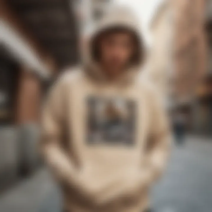 Skateboarder wearing a beige graphic hoodie in an urban setting