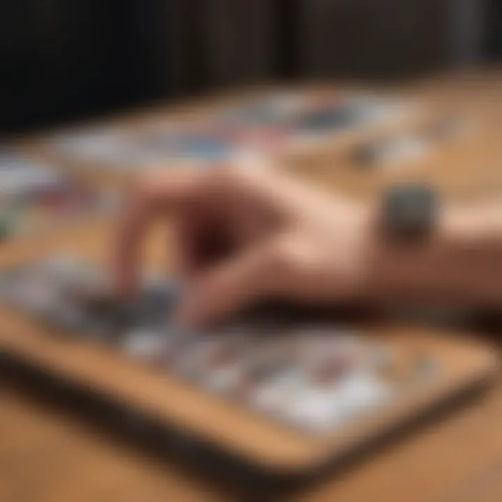 A person customizing a finger board with stickers and accessories.