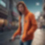 Stylish skateboarder showcasing a vibrant hoodie in an urban setting