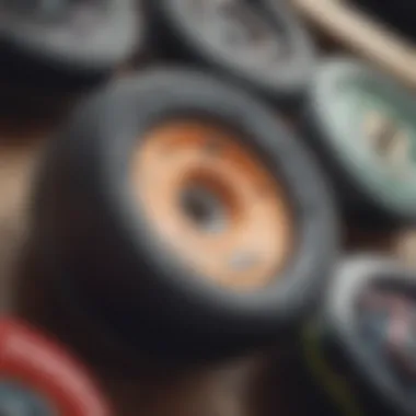 An array of skateboard wheels from various brands displayed on a sleek surface.