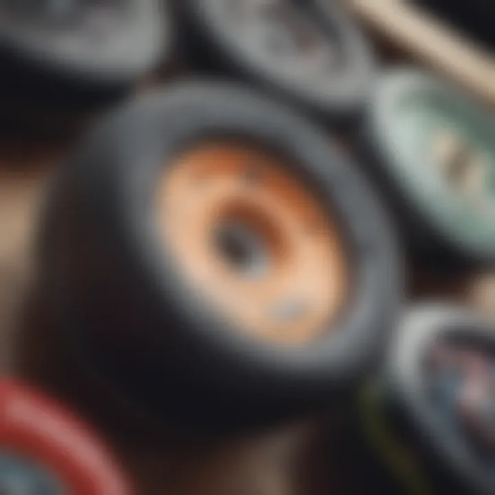 An array of skateboard wheels from various brands displayed on a sleek surface.