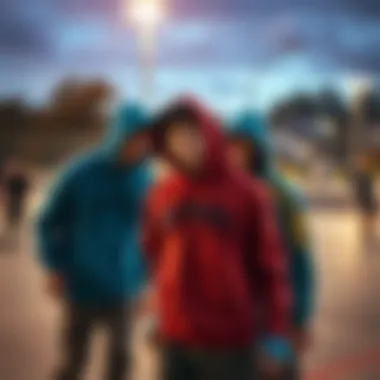 Skaters in a Skate Park Showcasing the Blue Backwoods Hoodie A group of skaters wearing the blue backwoods hoodie in a vibrant skate park