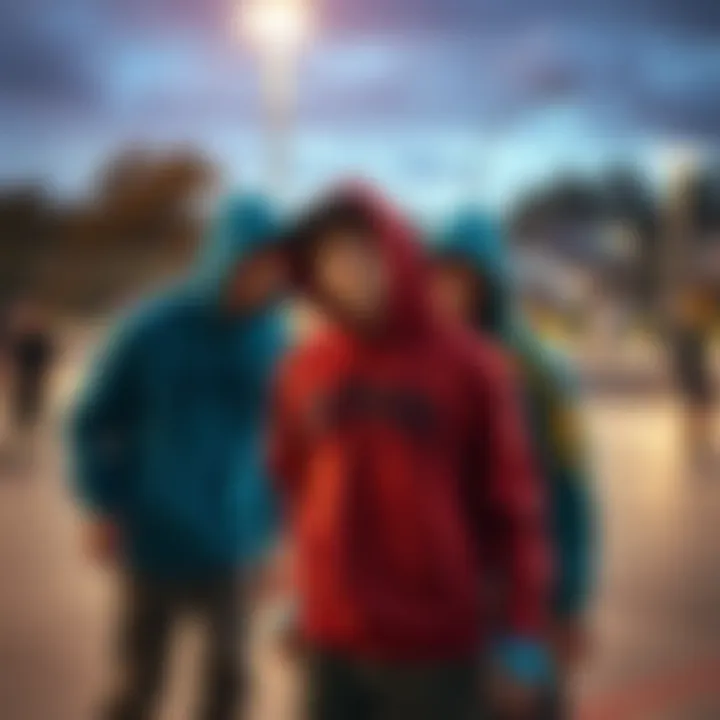 Skaters in a Skate Park Showcasing the Blue Backwoods Hoodie A group of skaters wearing the blue backwoods hoodie in a vibrant skate park