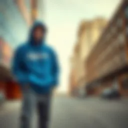 Artistic representation of the blue backwoods hoodie in an urban skate setting