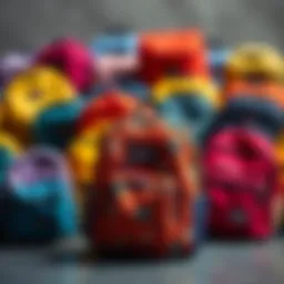 A collection of vibrant miniature Jansport backpacks arranged artistically