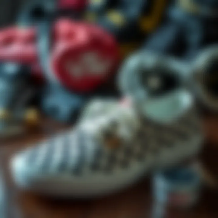 Vans checkered slide alongside skateboarding gear