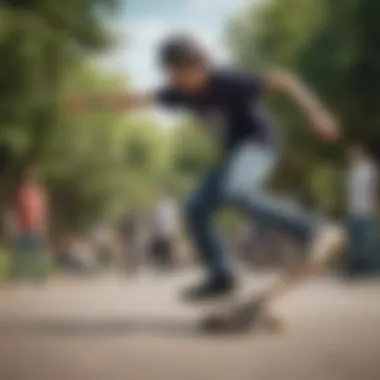 Skateboarding enthusiasts sharing skills and techniques at a local park