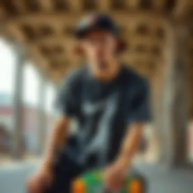 Skateboarder expressing creativity through unique t-shirt styles