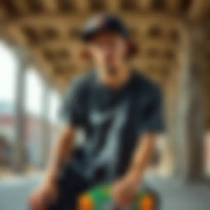 Skateboarder expressing creativity through unique t-shirt styles