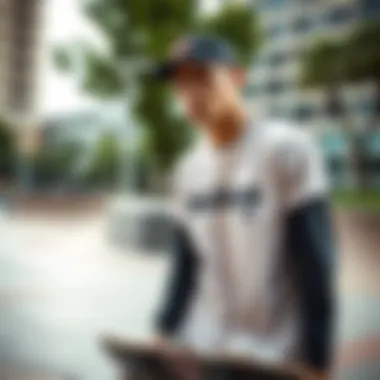 Skateboarder wearing Dickies long sleeve t-shirt in an urban skate park setting