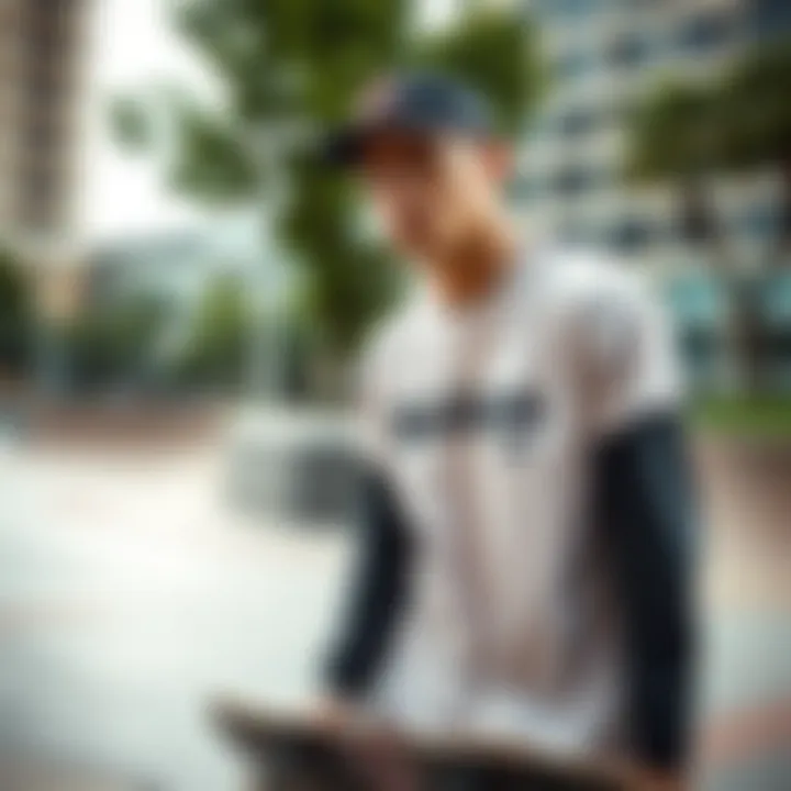 Skateboarder wearing Dickies long sleeve t-shirt in an urban skate park setting