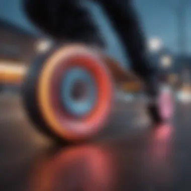 Close-up view of colorful LED longboard wheels in motion