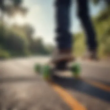 A longboard equipped with LED wheels on a scenic path