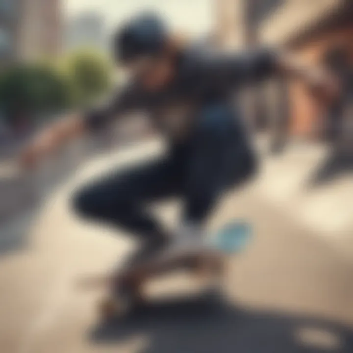 Close-up shot of a skateboarder performing tricks in a virtual skate park