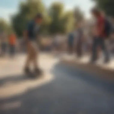 A group of skaters socializing at a skate park