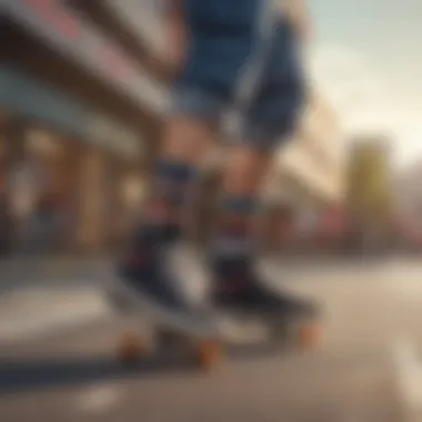 Skaters wearing trefoil quarter socks during a vibrant skate session