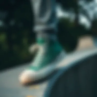 Court Green Converse in Action Court Green Converse on a skate park ramp