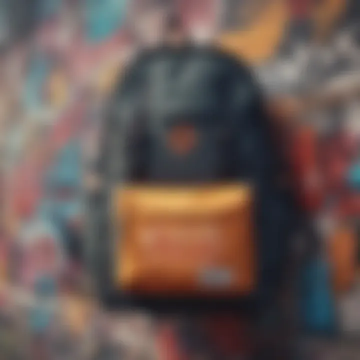 A collection of various graphic bookbags displayed against a vibrant graffiti wall.