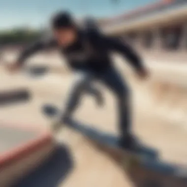 A skateboarder using a graphic bookbag while performing tricks at a skate park.