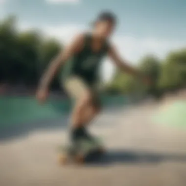 A skateboarder wearing the green Nike tank top in an urban skate park setting, emphasizing its functionality.