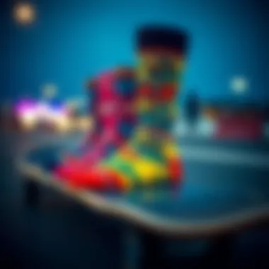 Colorful HUF socks displayed on a skateboard