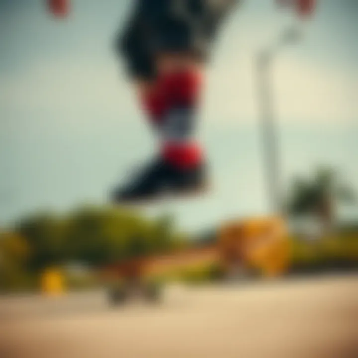 Skateboarder wearing HUF socks in action