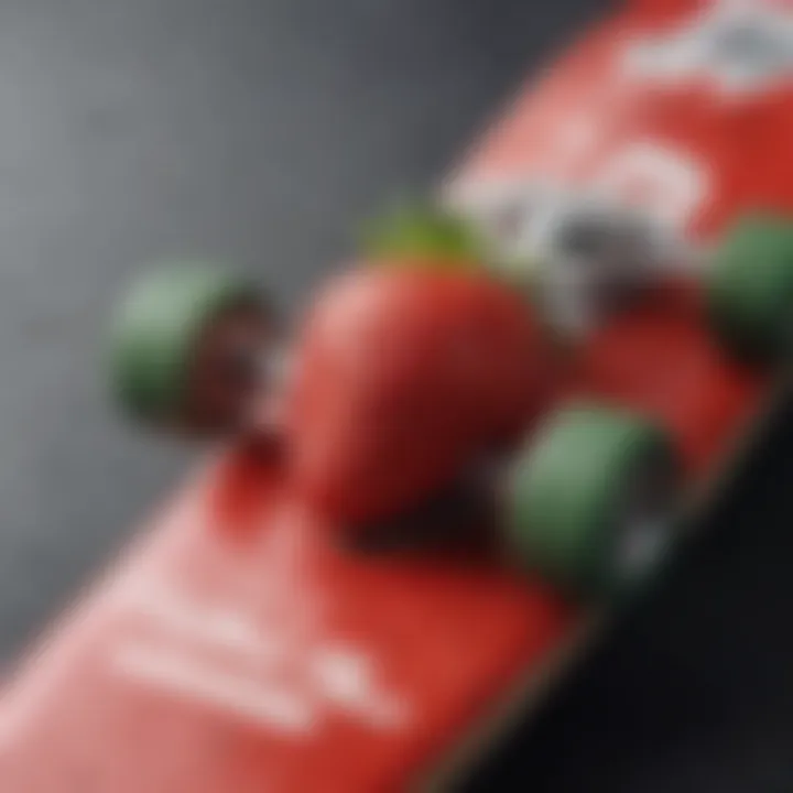 Artistic representation of a skateboard featuring bold strawberry graphics.