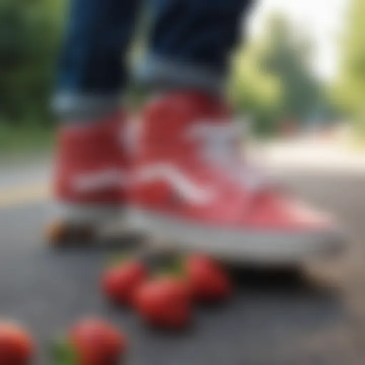 Close-up of a skateboarder's feet in Vans shoes next to fresh strawberries.