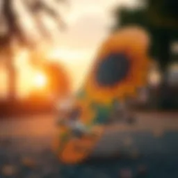 A vibrant skateboard deck featuring sunflower graphics