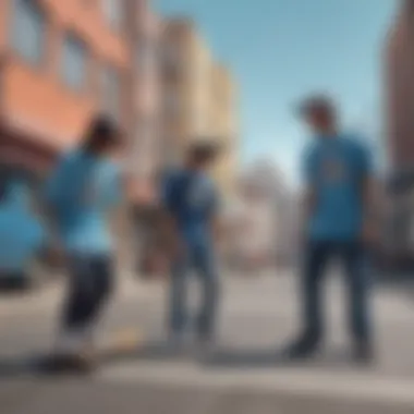 A vibrant street scene showcasing skateboarders wearing graphic tees