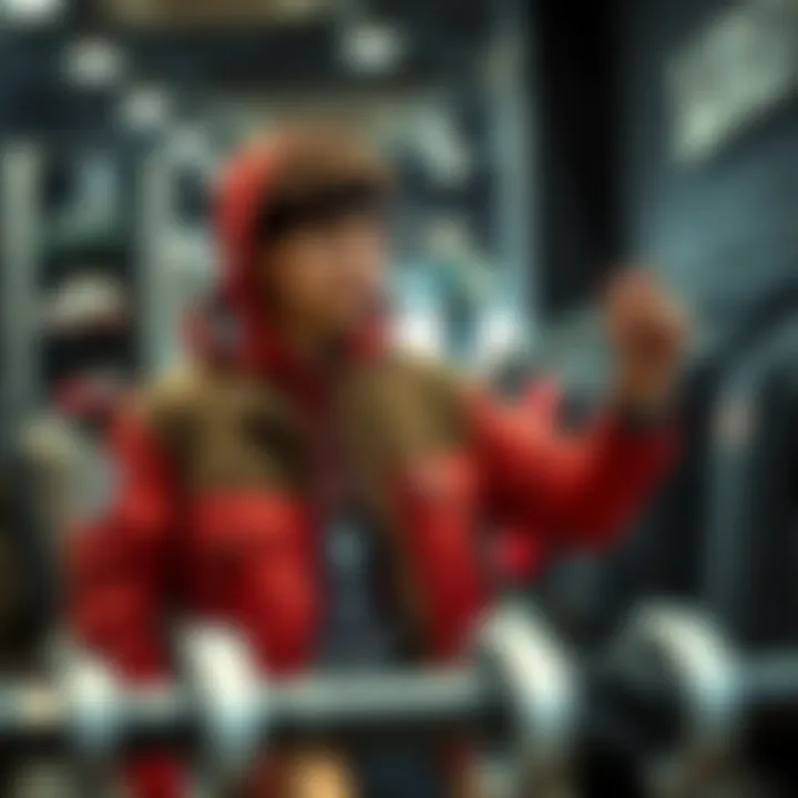 An individual trying on an LRG jacket in a retail store, illustrating the importance of fit and personal style.