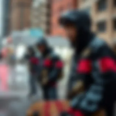 A group of skateboarders wearing LRG jackets in an urban setting, highlighting the brand's connection to skate culture.