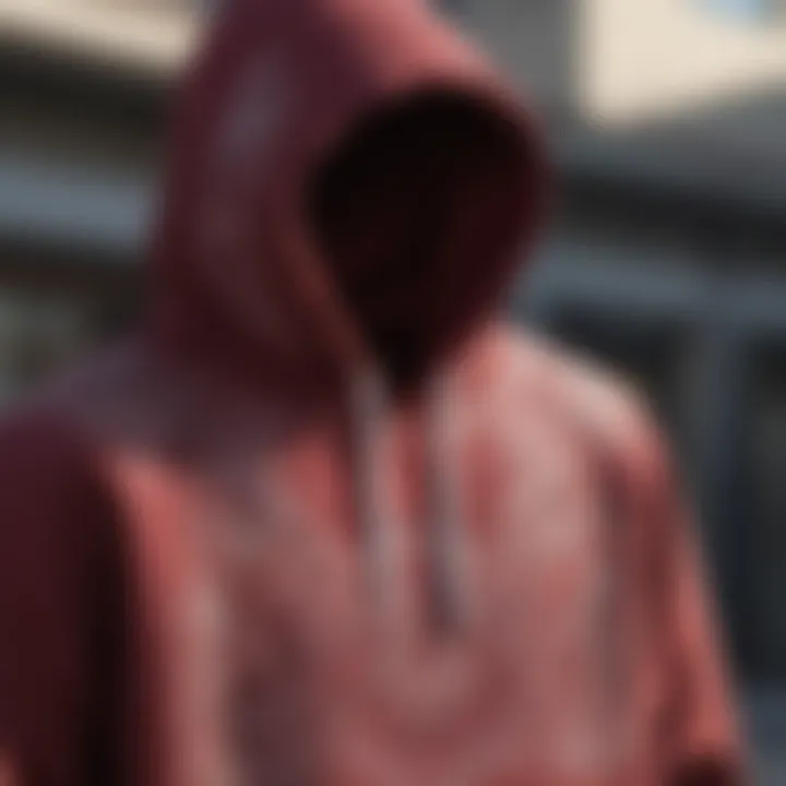 Close-up of maroon graphic hoodie showcasing intricate design details