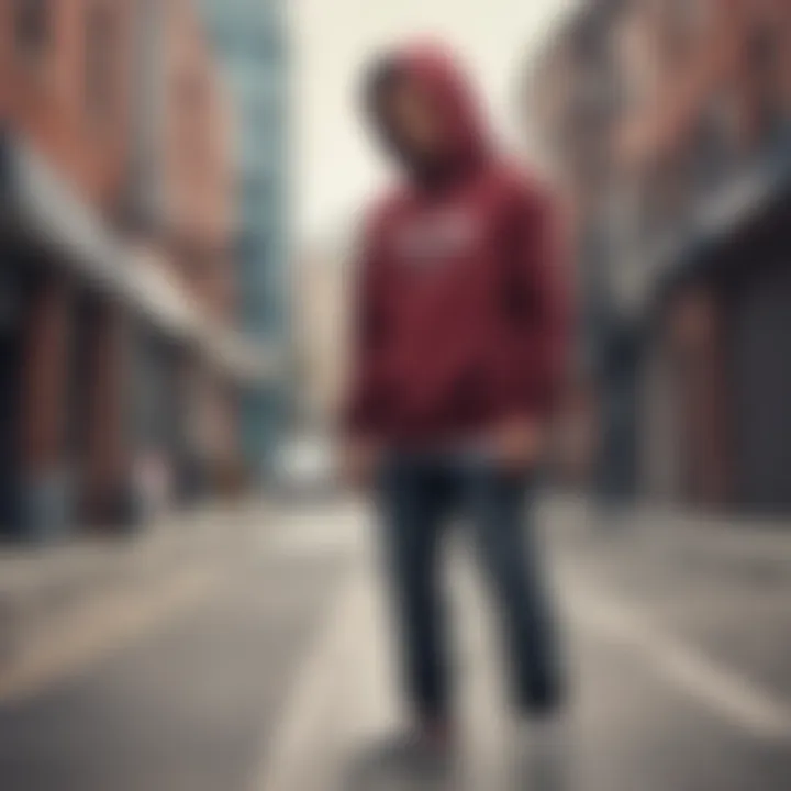 A skateboarder wearing a maroon graphic hoodie in an urban setting