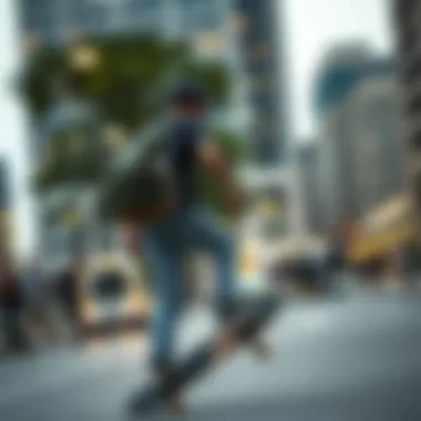 Skateboarding Lifestyle with Nike Camo Backpack Skateboarder using Nike camo backpack in the city