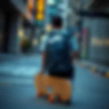 Urban Vibe with Nike Camo Backpack Urban setting showcasing Nike camo backpack with skateboard