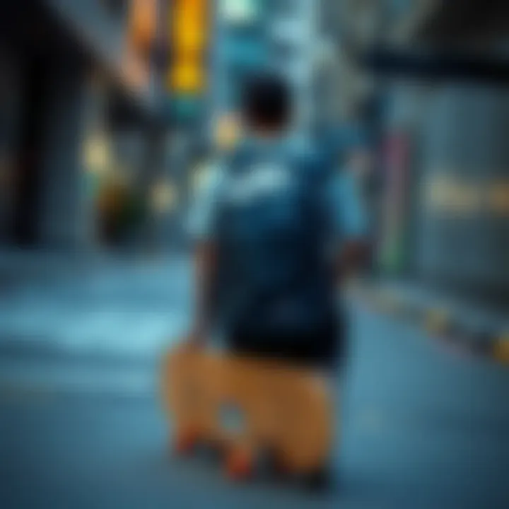 Urban Vibe with Nike Camo Backpack Urban setting showcasing Nike camo backpack with skateboard