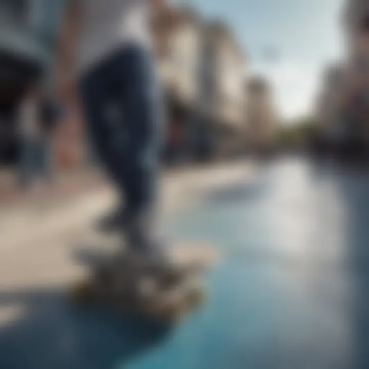 Group of skaters showcasing Vans Ave Blue in an urban skate park