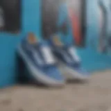 Vans Ave Blue skate shoes displayed against a vibrant graffiti backdrop