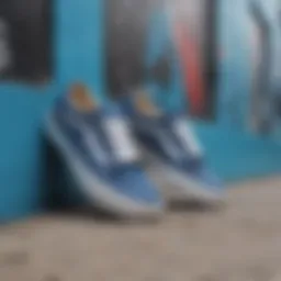 Vans Ave Blue skate shoes displayed against a vibrant graffiti backdrop