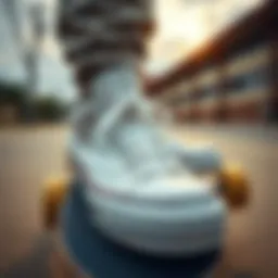 Close-up of white thick Converse sneakers on a skateboard