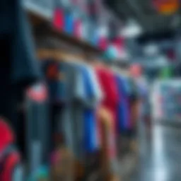A vibrant skateboard clothing display during a clearance sale