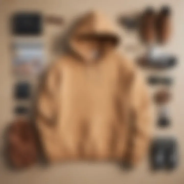 Flat lay of the tan hoodie styled with complementary accessories