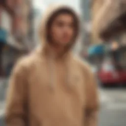 Lifestyle shot showcasing the tan hoodie in an urban setting