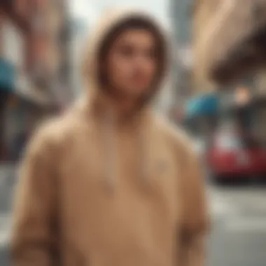 Lifestyle shot showcasing the tan hoodie in an urban setting