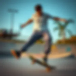 Dynamic skater wearing grey cargo joggers at a skate park