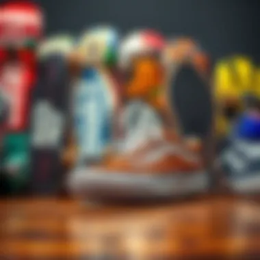 Group of diverse skateboards with Vans Old Skool shoes